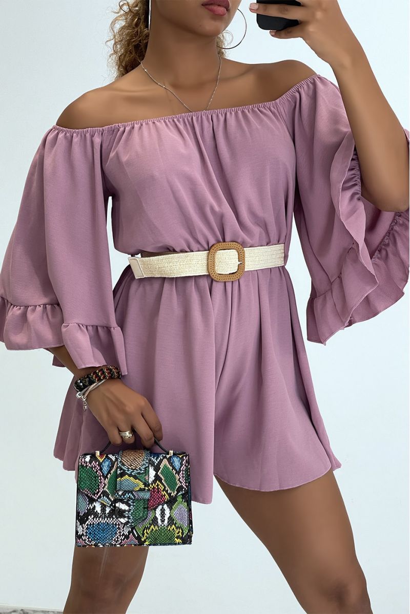 Fluid lilac playsuit with dropped shoulders and bohemian belt  - 1