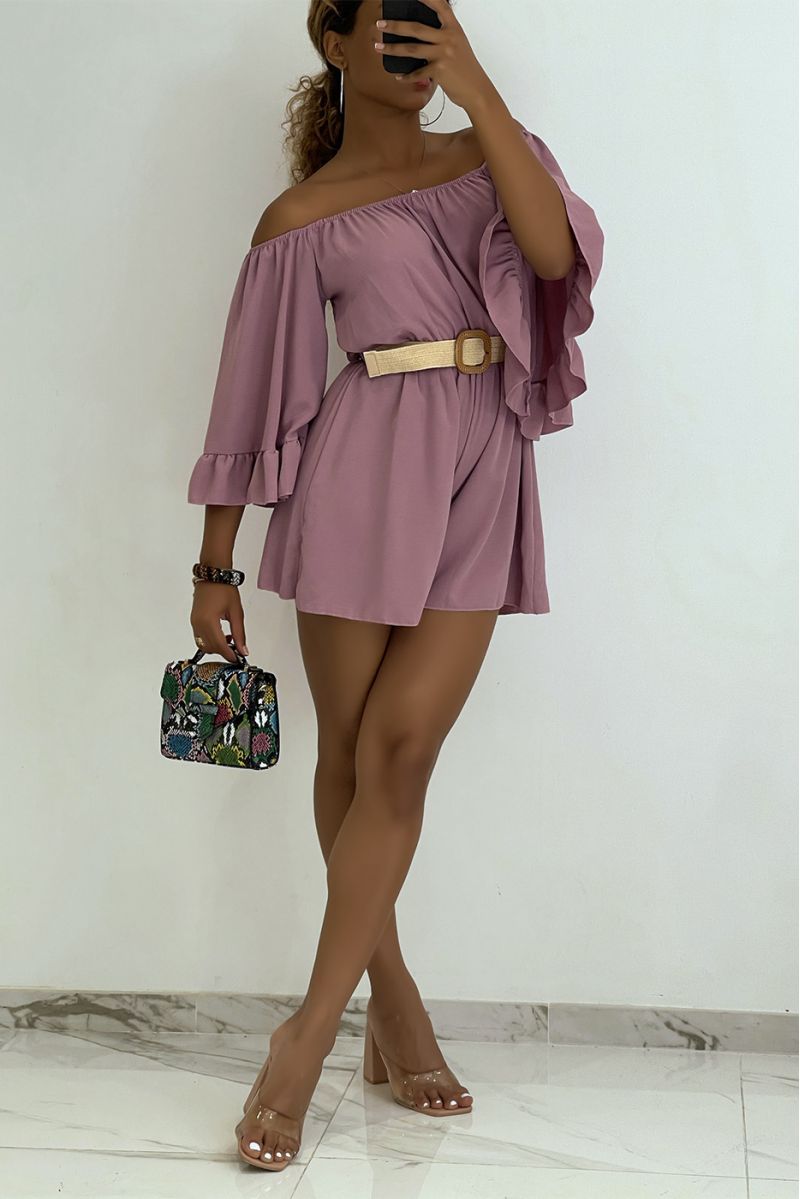 Fluid lilac playsuit with dropped shoulders and bohemian belt  - 3