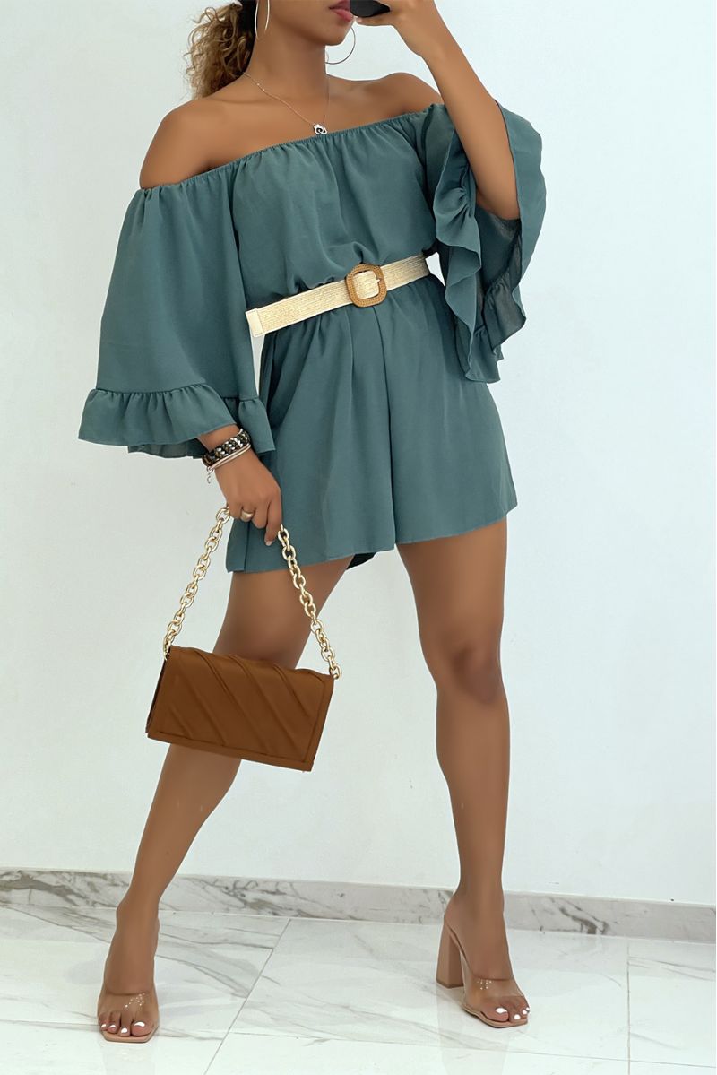 Fluid green playsuit with dropped shoulders and bohemian belt  - 1