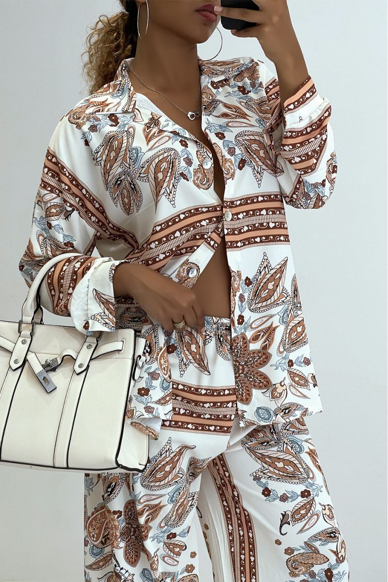 Soepelvallende oversized overhemd- en broekset met taupeprint - 2