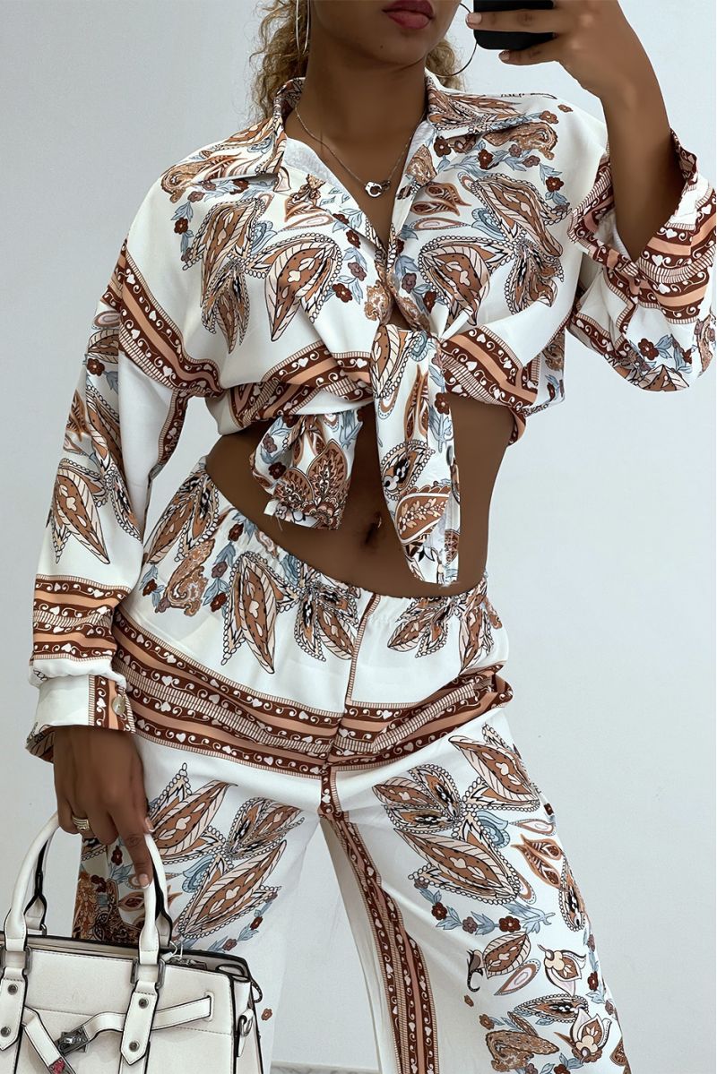 Soepelvallende oversized overhemd- en broekset met taupeprint - 3