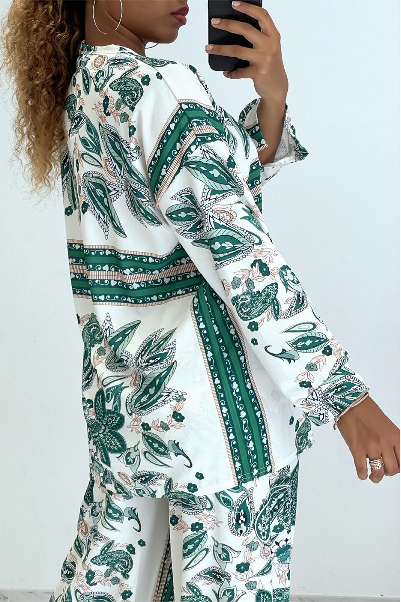 Ensemble fluide à imprimé vert chemise et pantalon oversize - 1