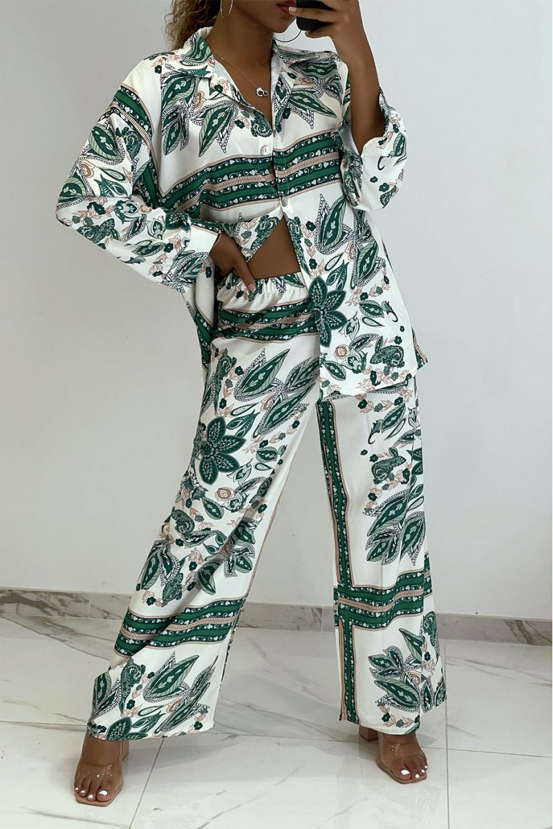 Flowing Green Print Oversized Shirt & Pants Set - 2