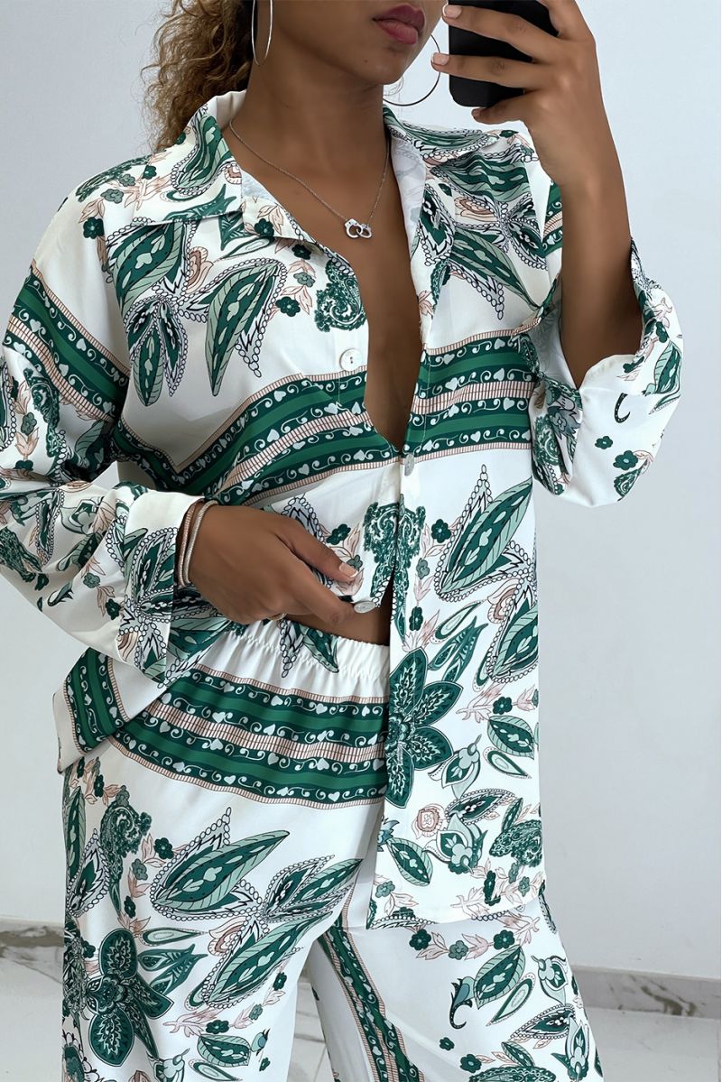 Vloeiende groene print oversized shirt en broek set - 3