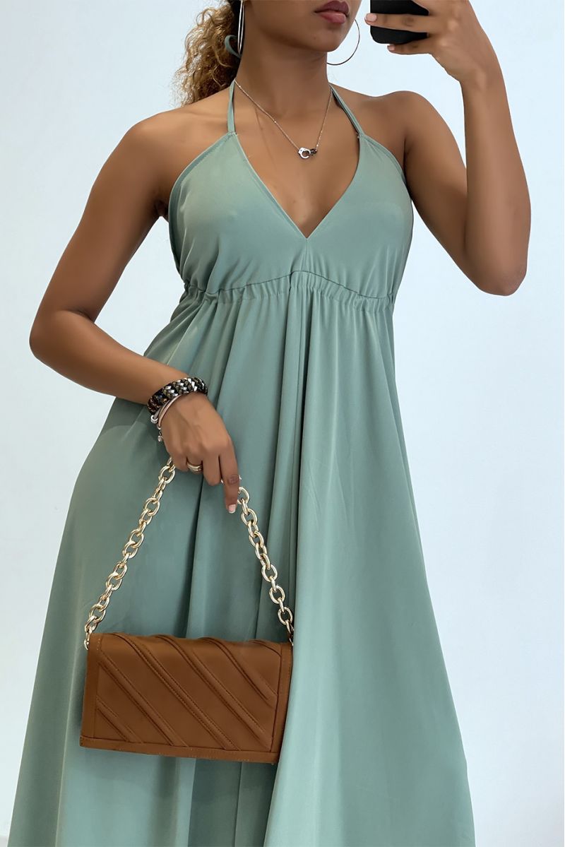 Plain water green long dress with open back and triangle neckline  - 2
