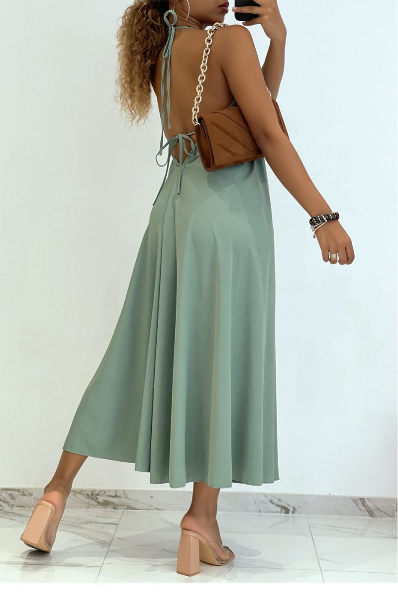 Plain water green long dress with open back and triangle neckline  - 3