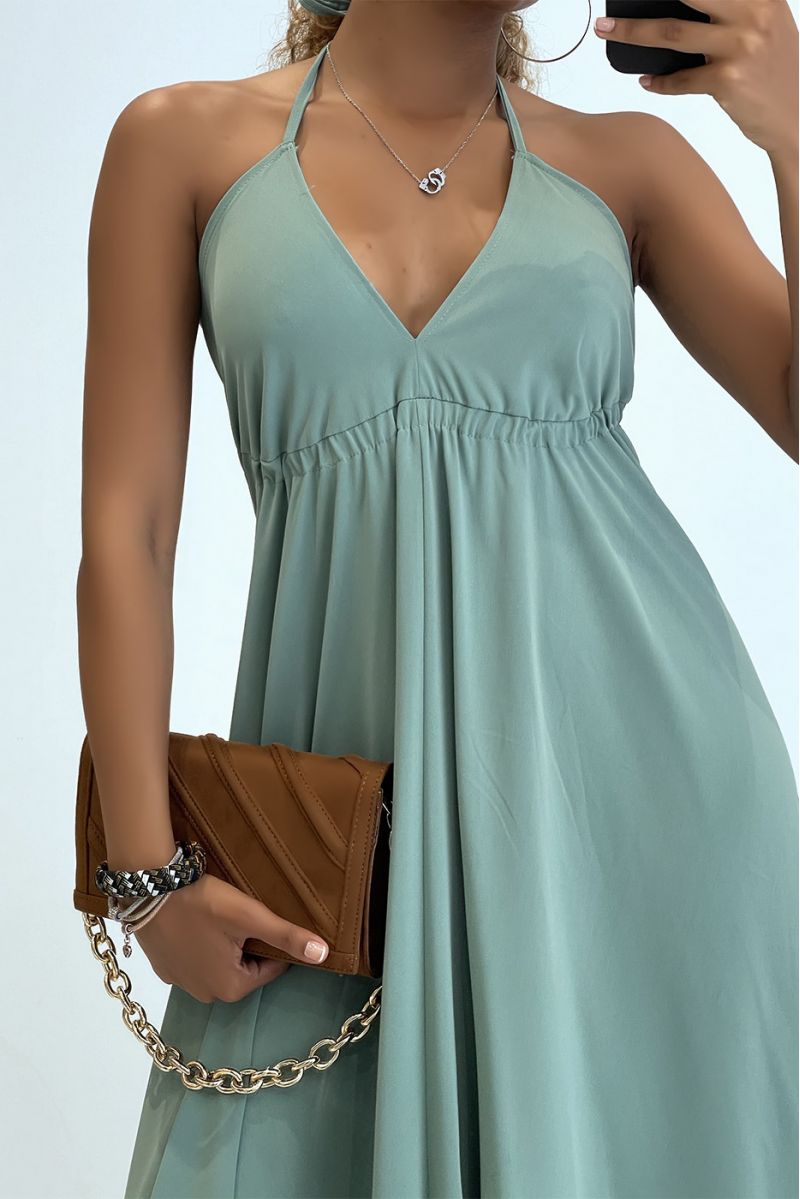 Plain water green long dress with open back and triangle neckline  - 4