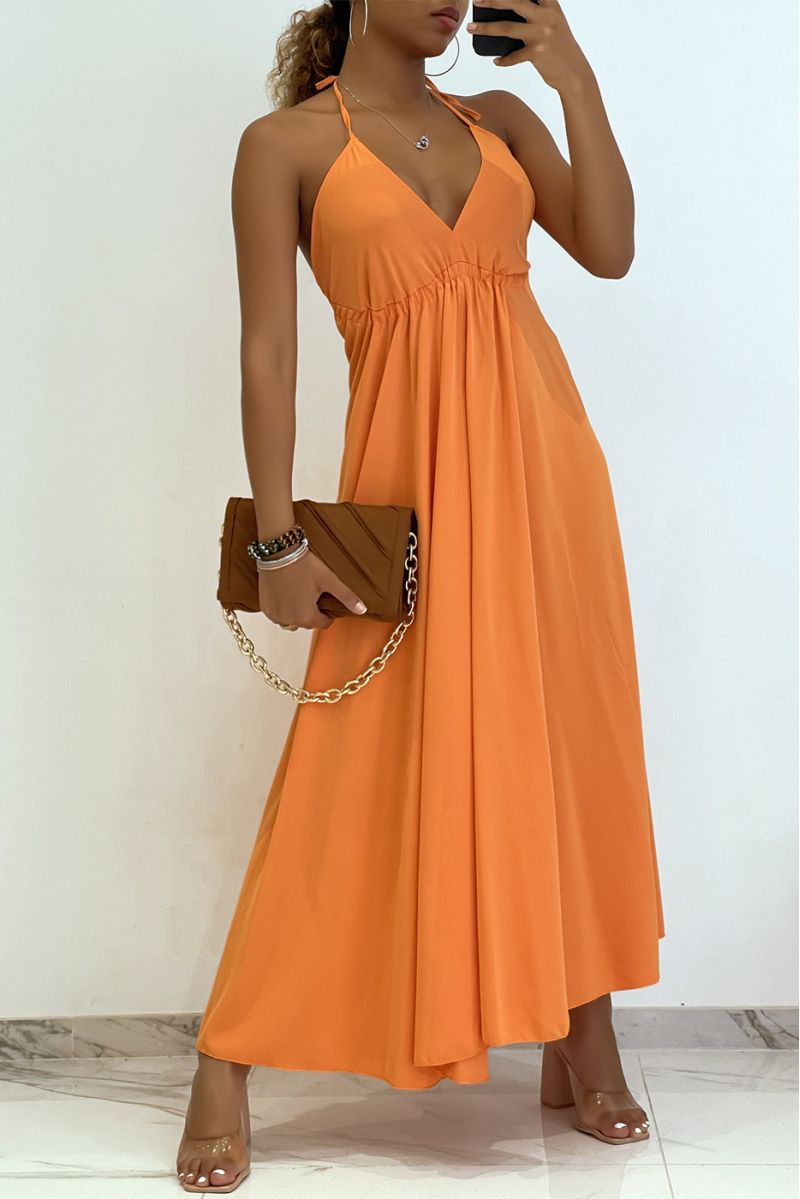 Plain orange long dress with bare back and triangle neckline  - 1