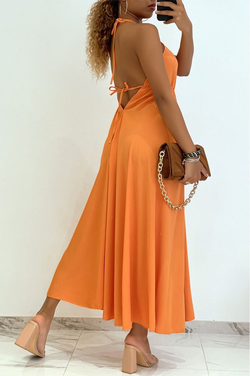 Plain orange long dress with bare back and triangle neckline  - 2