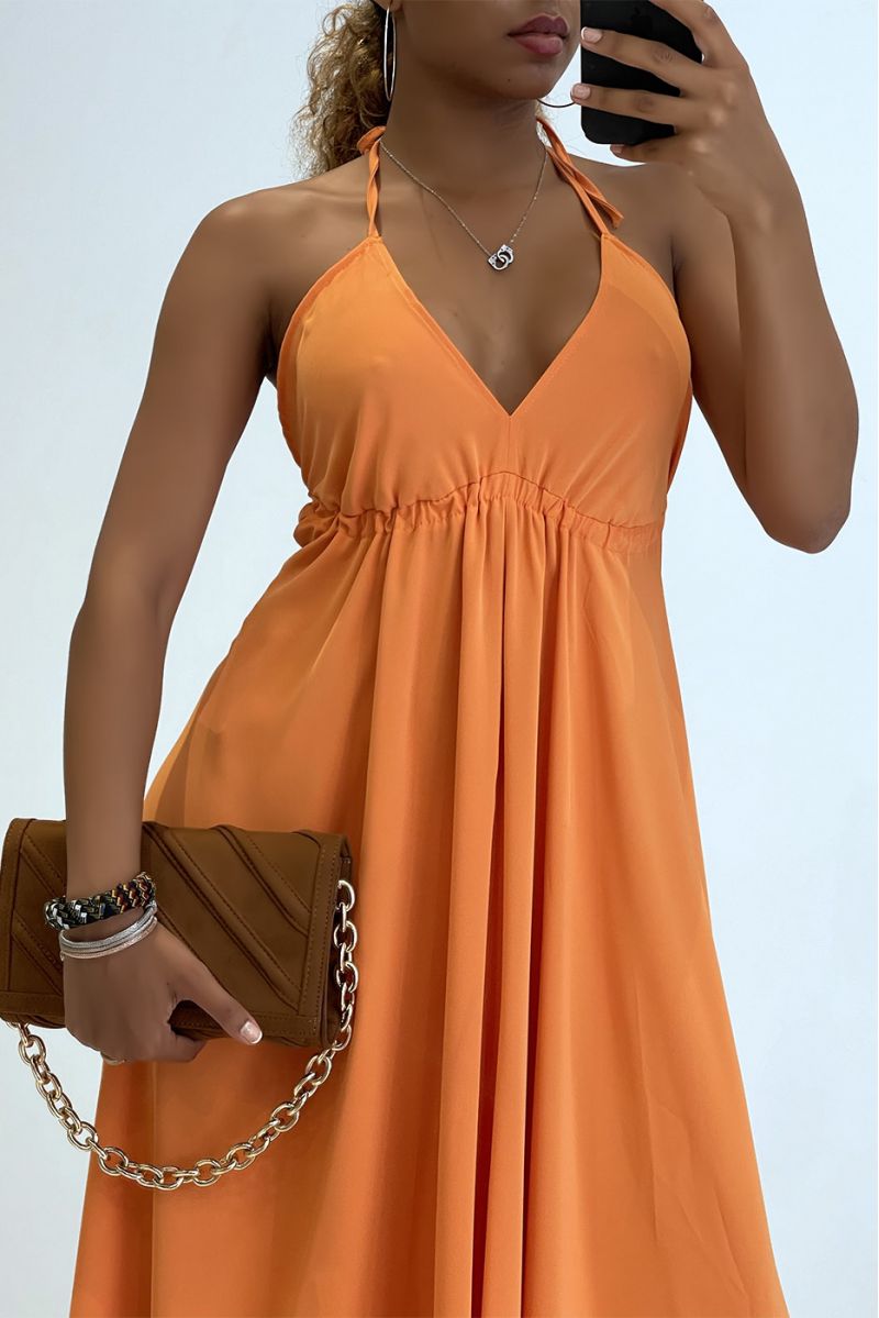 Plain orange long dress with bare back and triangle neckline  - 3