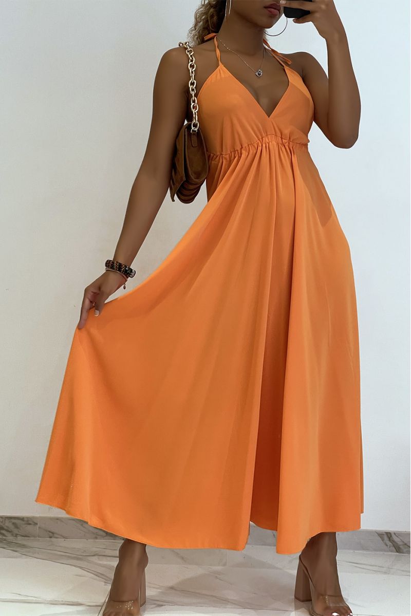 Plain orange long dress with bare back and triangle neckline  - 4