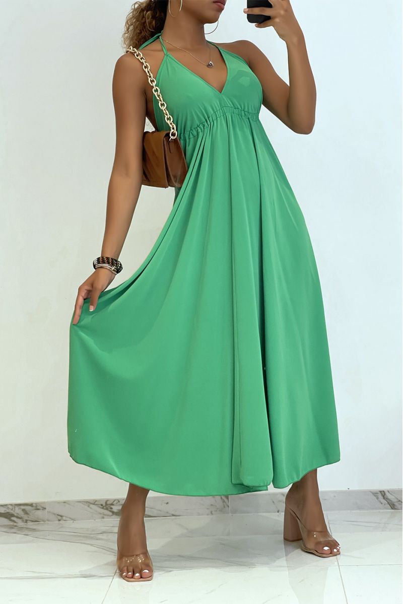 Plain green long dress with bare back and triangle neckline  - 1
