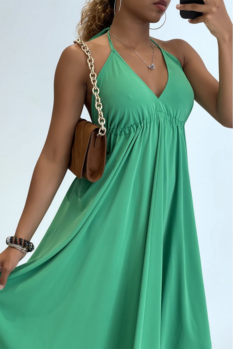 Plain green long dress with bare back and triangle neckline  - 2