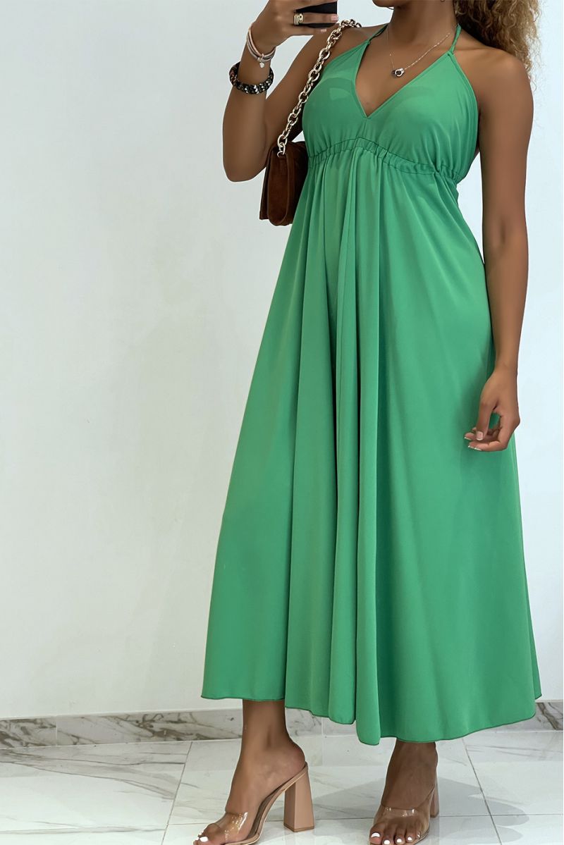 Plain green long dress with bare back and triangle neckline  - 4