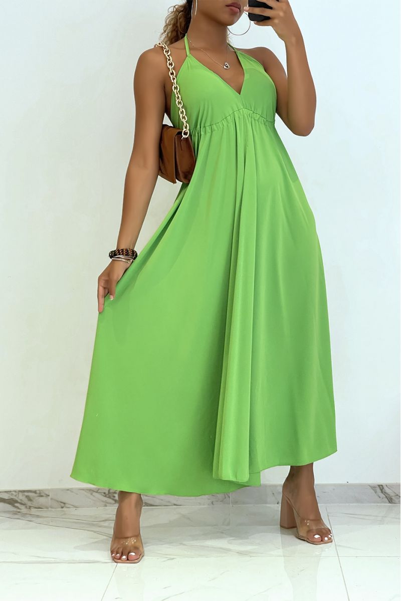 Plain green pink long dress with bare back and triangle neckline  - 1