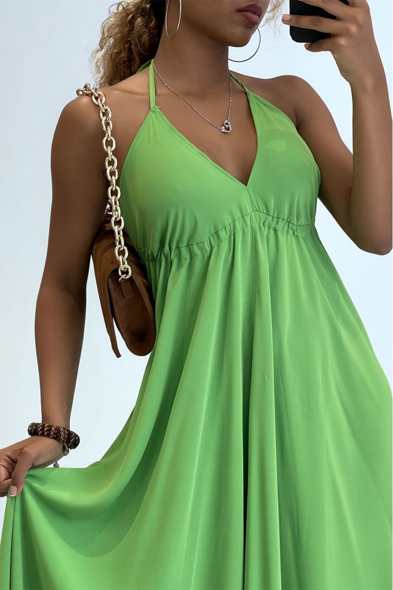 Plain green pink long dress with bare back and triangle neckline  - 3
