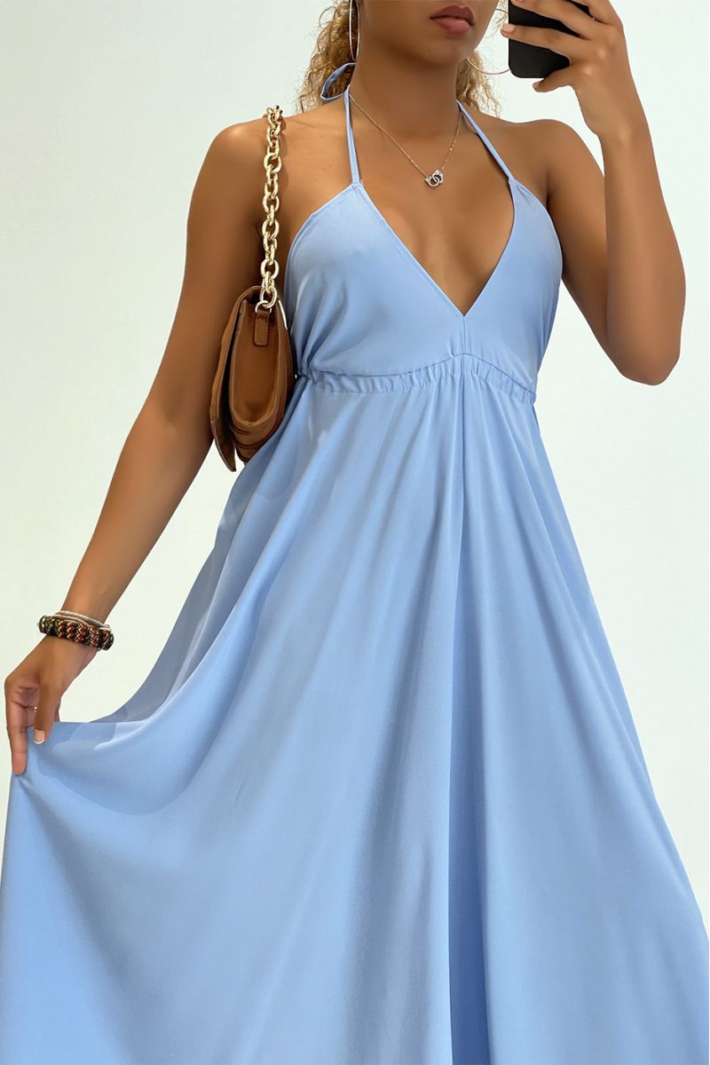 Plain blue long dress with bare back and triangle neckline  - 2