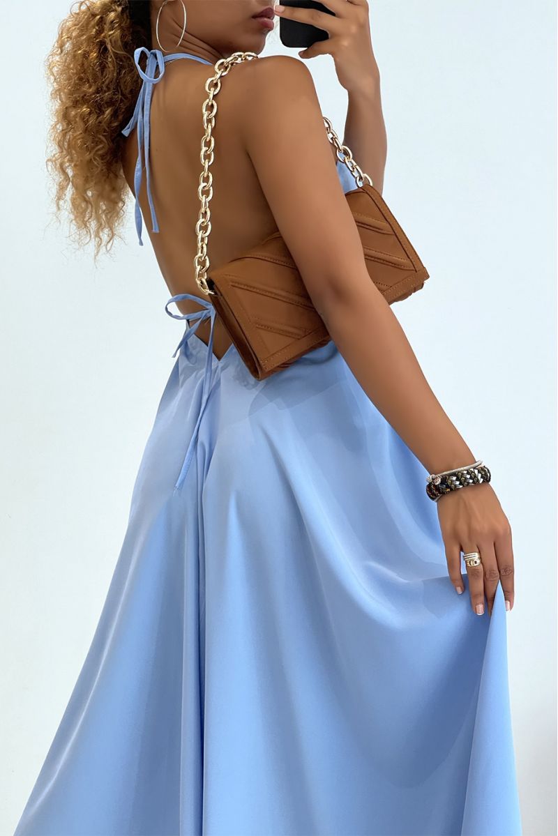 Plain blue long dress with bare back and triangle neckline  - 3