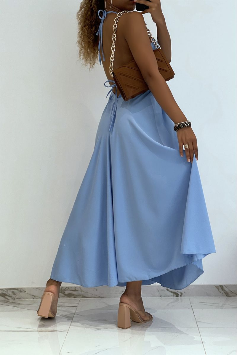 Plain blue long dress with bare back and triangle neckline  - 4