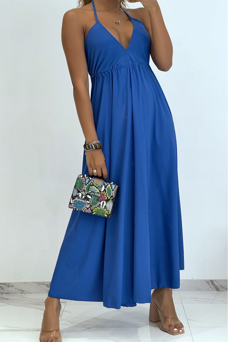 Plain royal blue long dress with bare back and triangle neckline  - 1