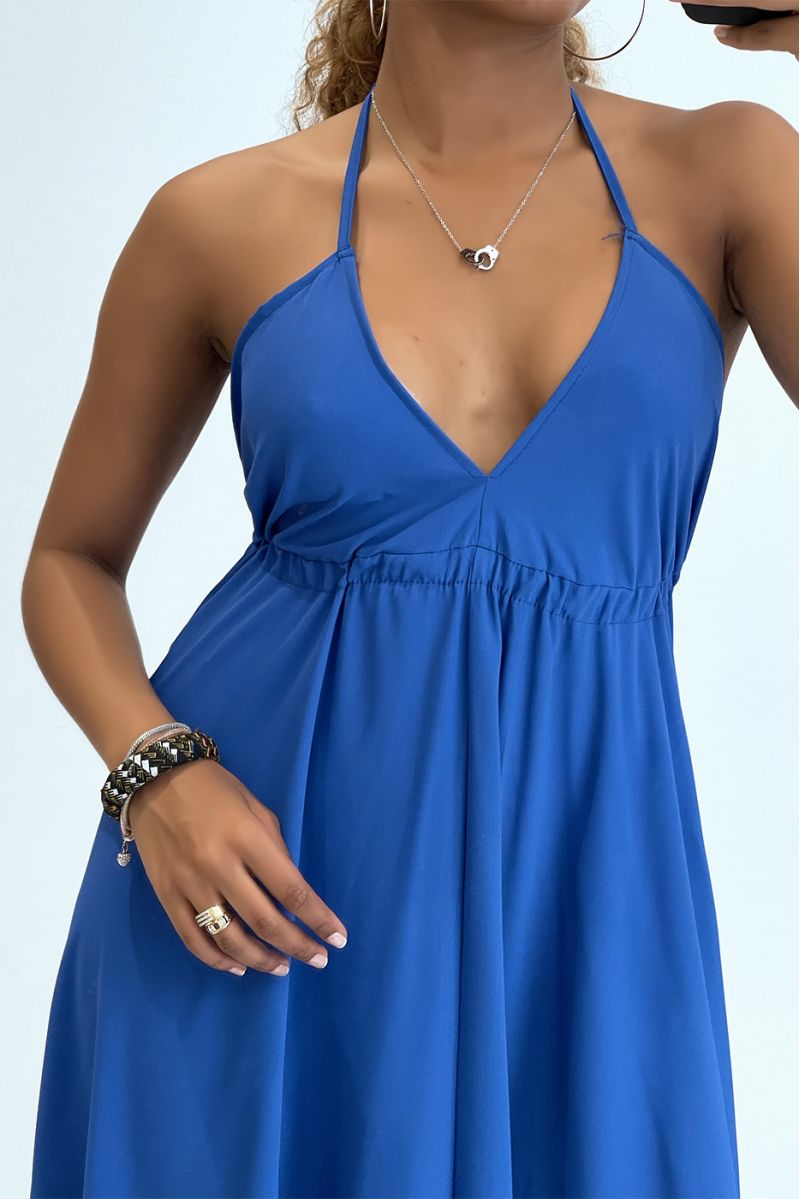 Plain royal blue long dress with bare back and triangle neckline  - 4