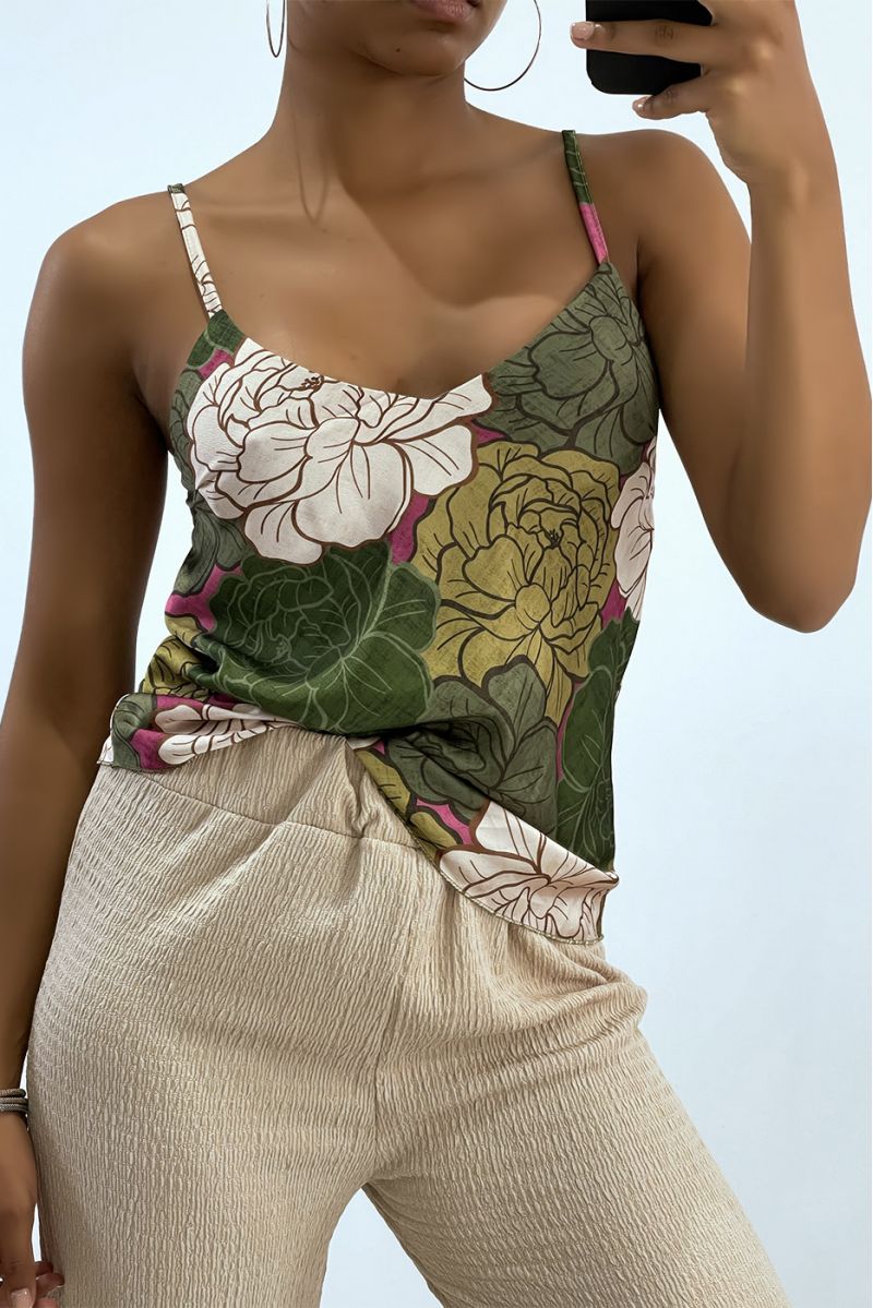 Chic tank top with thin strap and khaki floral print   - 2