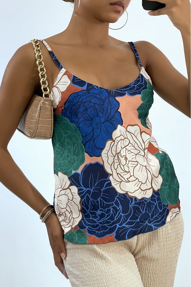 Chic tank top with thin strap and royal floral print   - 4