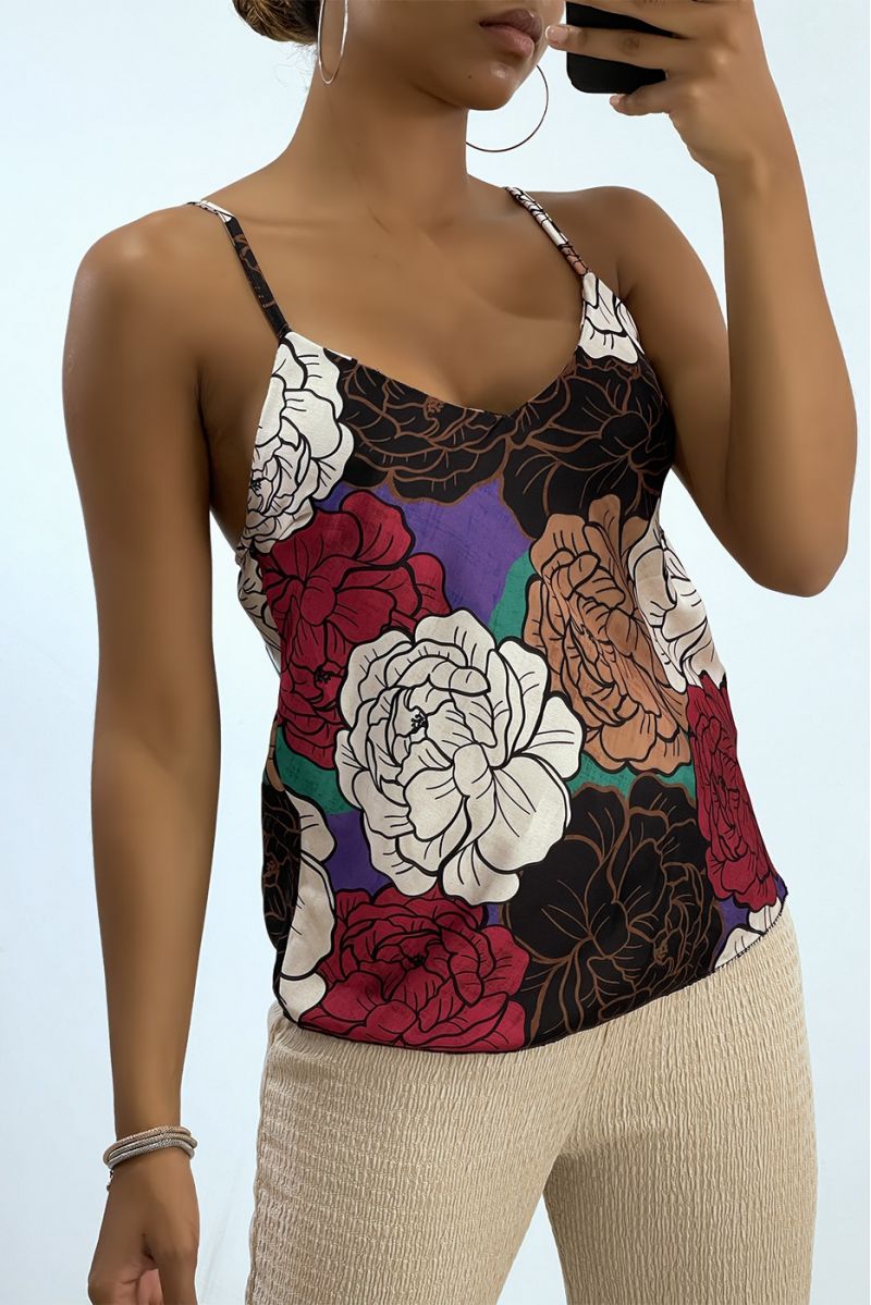 Chic tank top with thin strap and black floral print   - 1
