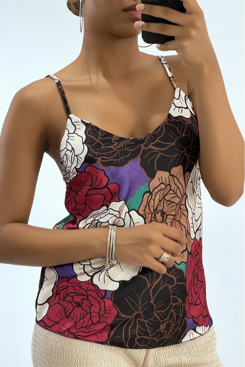 Chic tank top with thin strap and black floral print   - 2