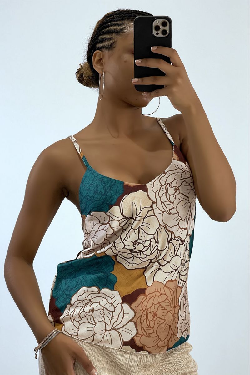 Chic tank top with thin strap and beige floral print   - 1