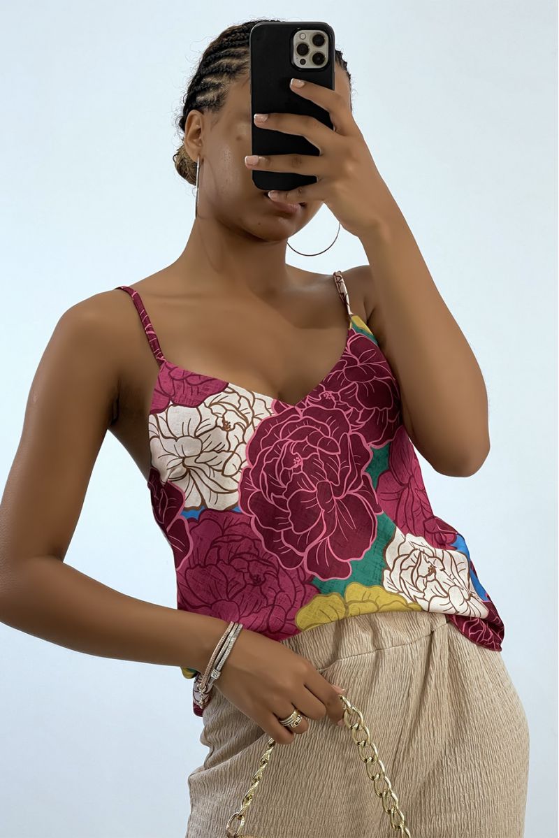 Chic tank top with thin strap and fuchsia floral print   - 1