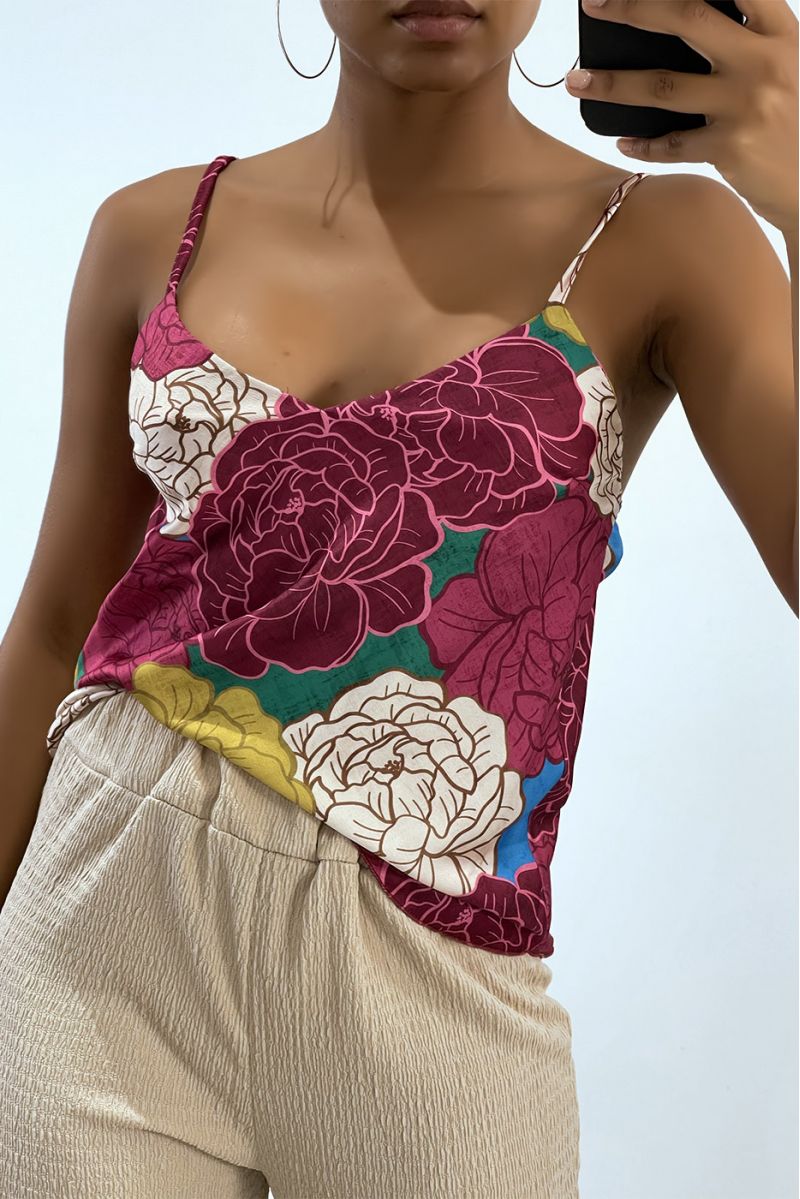 Chic tank top with thin strap and fuchsia floral print   - 2