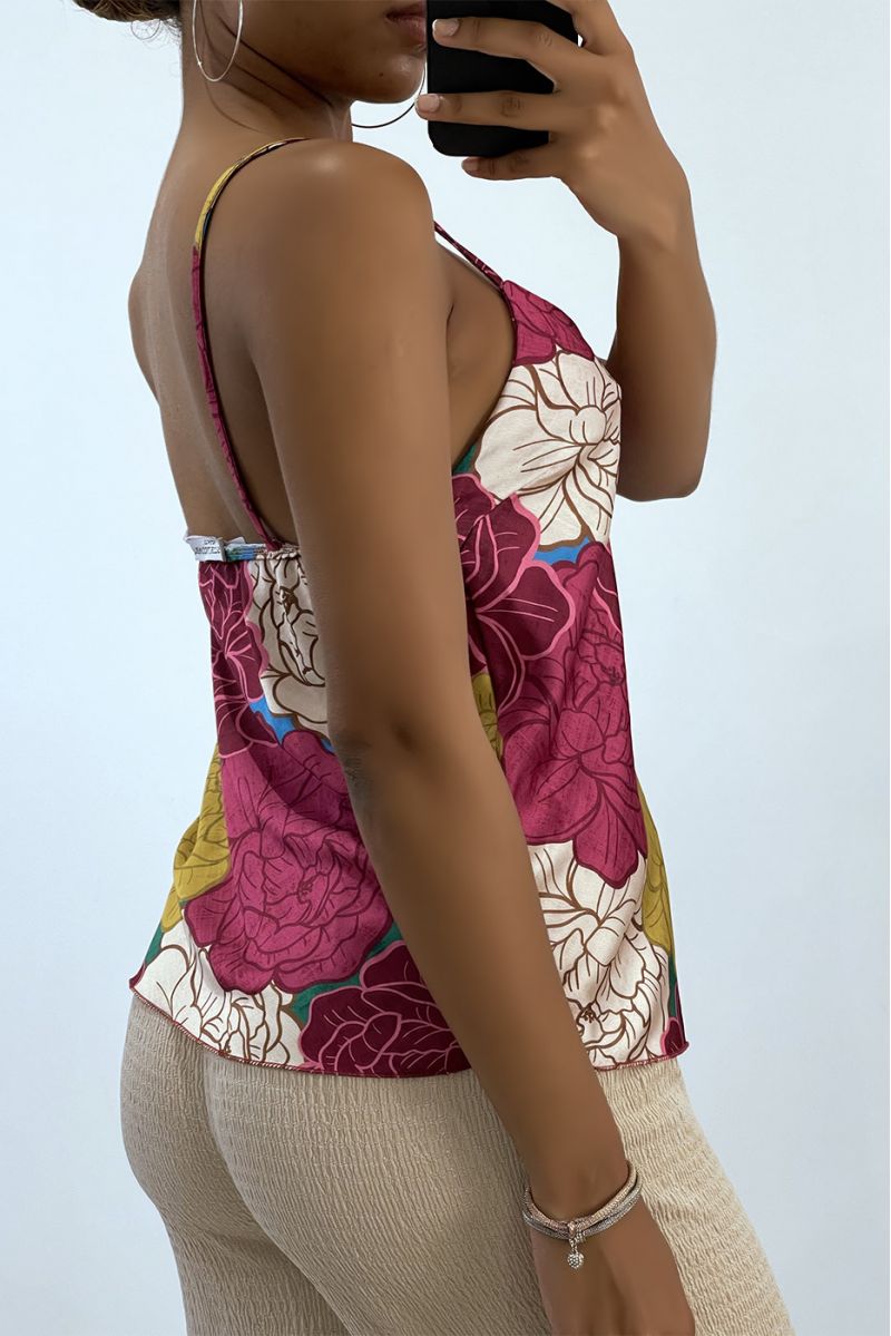 Chic tank top with thin strap and fuchsia floral print   - 3