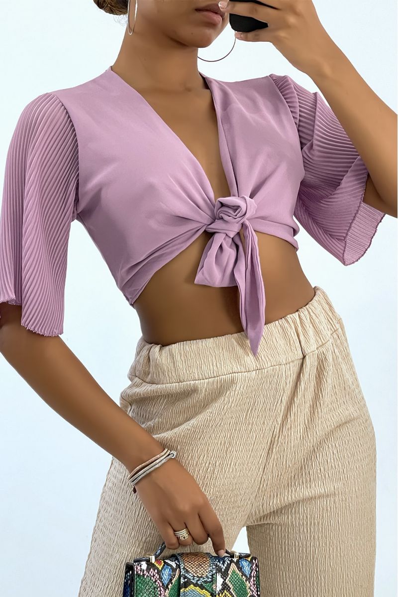 Lilac tie-up crop top with pleated sleeves - 1