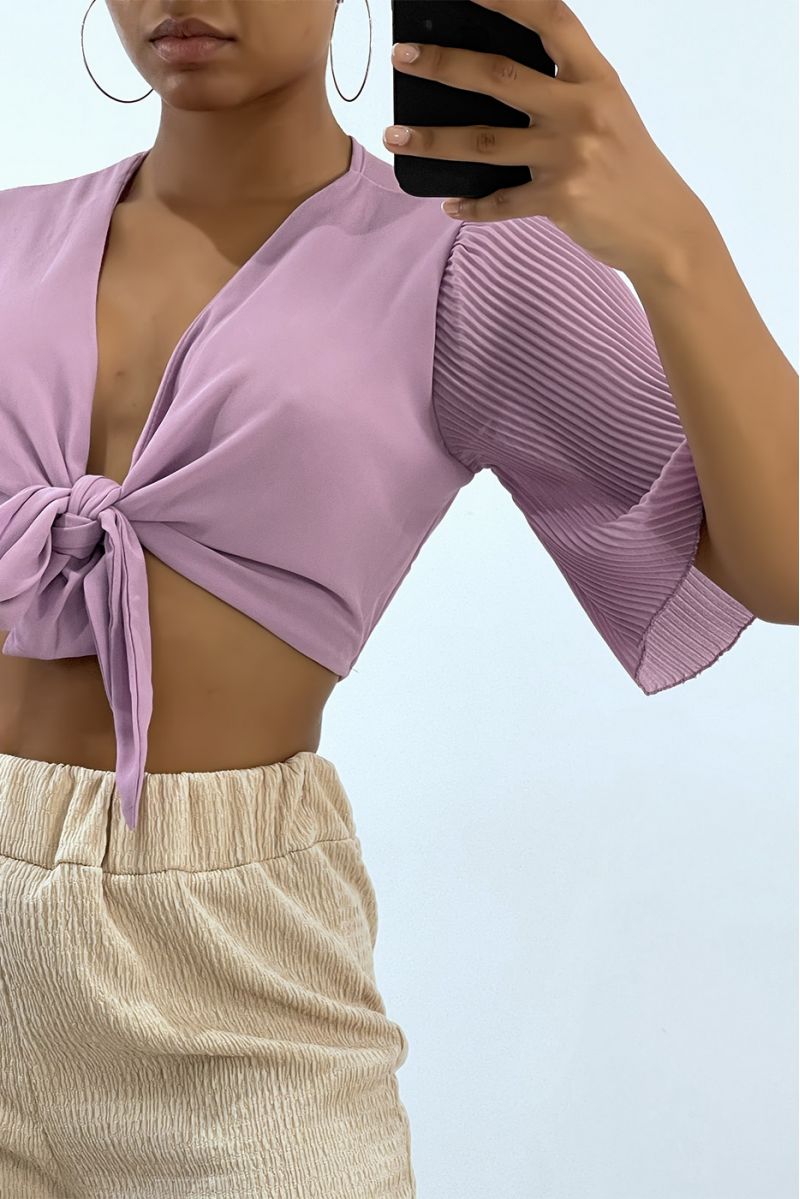 Lilac tie-up crop top with pleated sleeves - 3