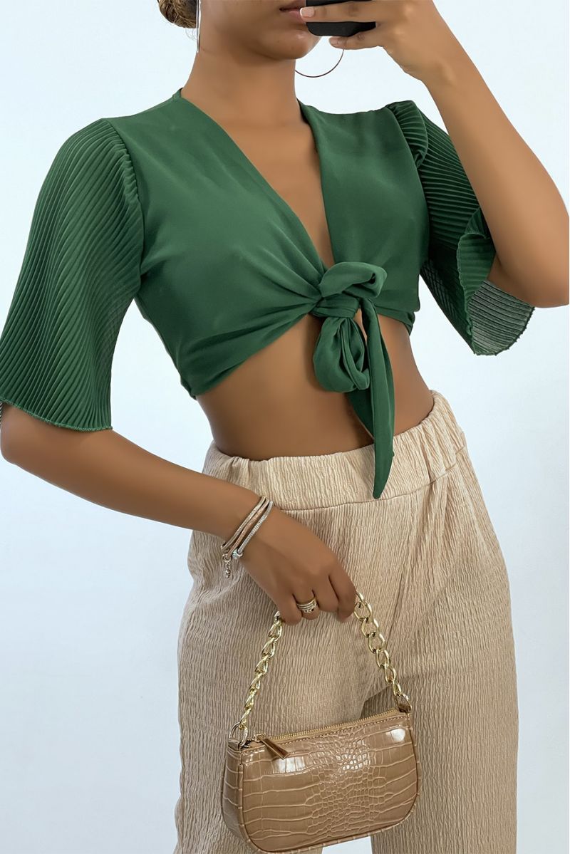 Fir green tie-up crop top with pleated sleeves - 1
