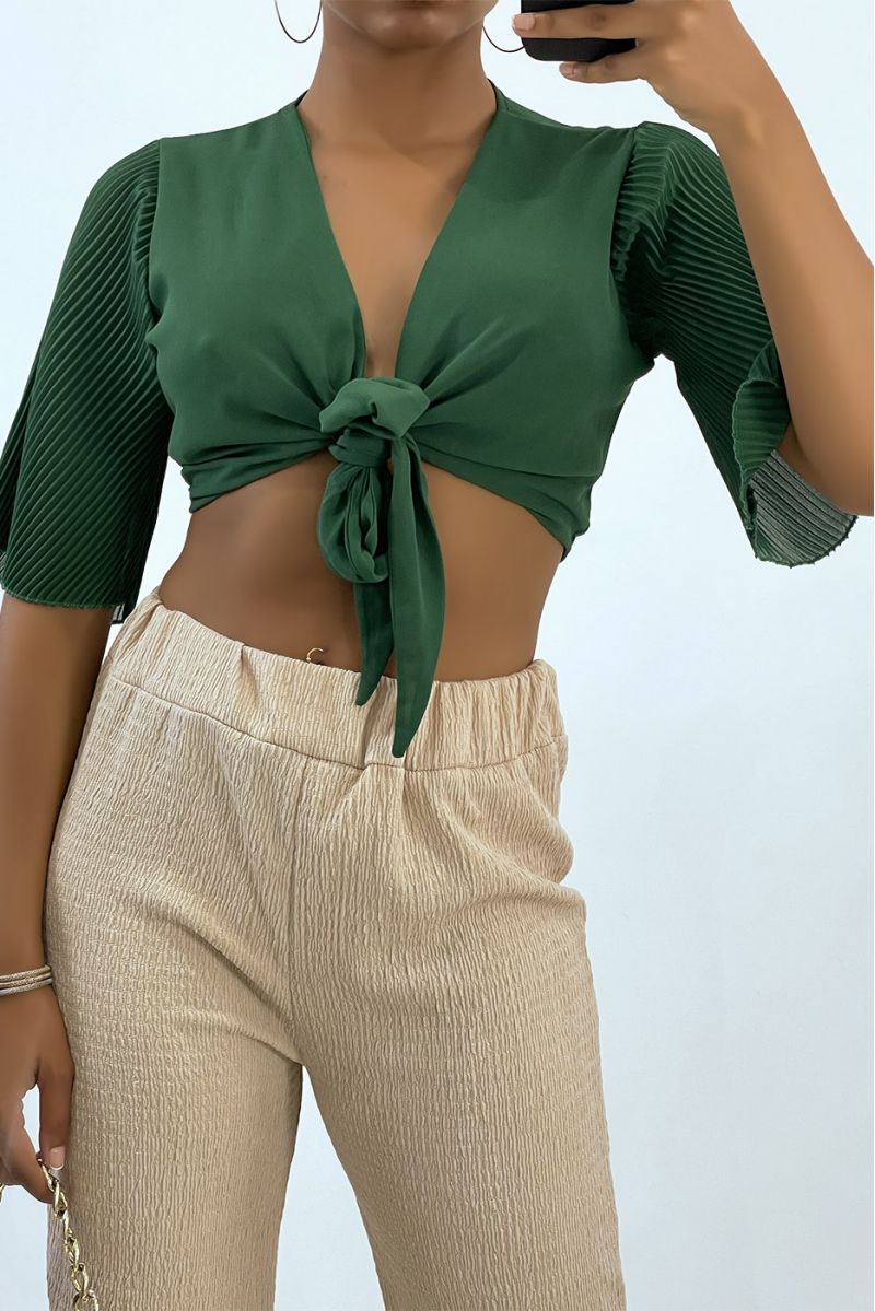 Fir green tie-up crop top with pleated sleeves - 2