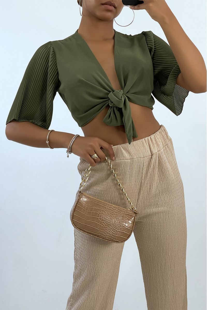 Crop top à nouer kaki avec manches plissée   - 1