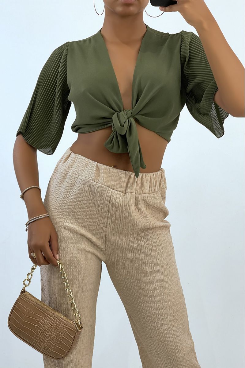 Crop top à nouer kaki avec manches plissée   - 2