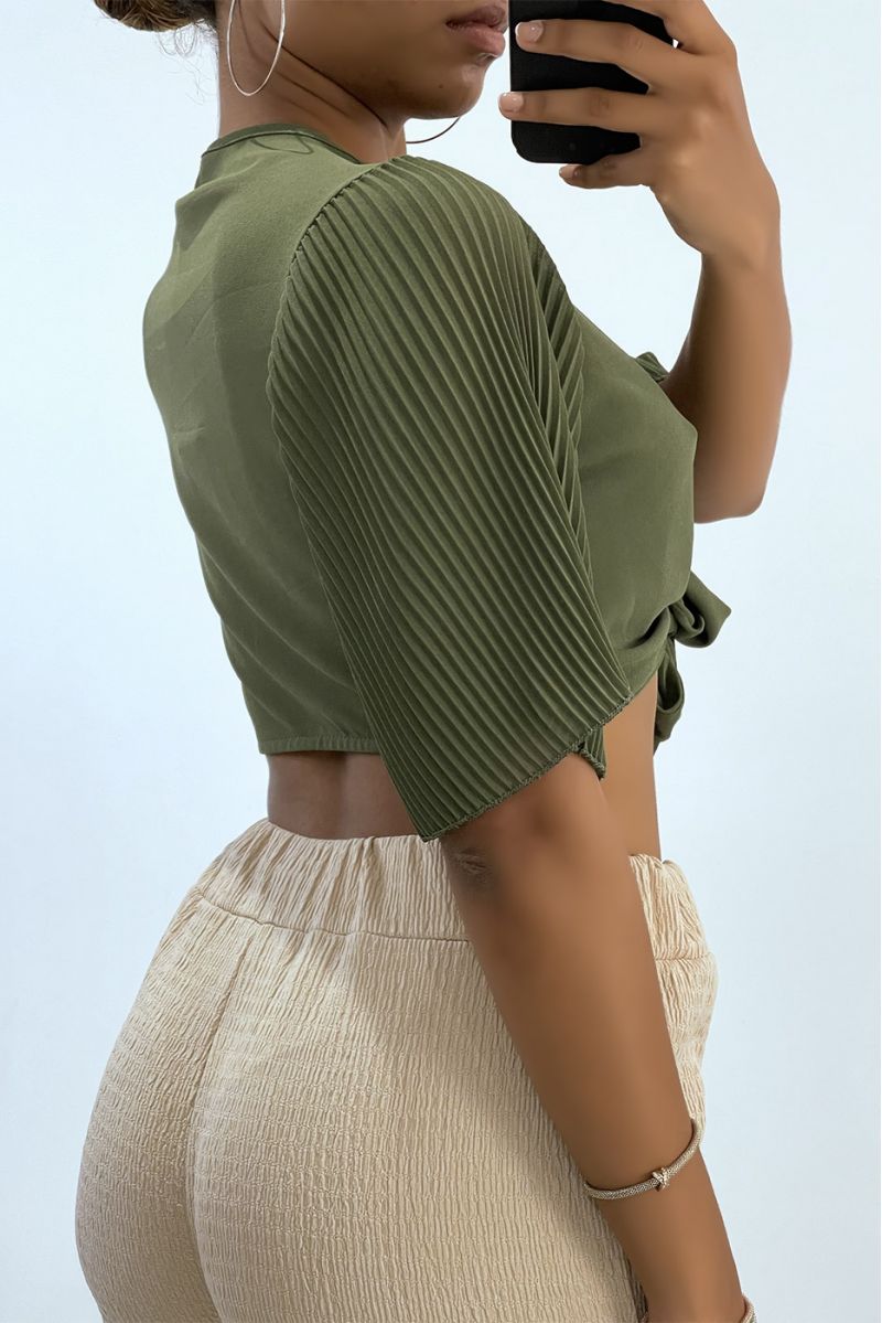 Crop top à nouer kaki avec manches plissée   - 3