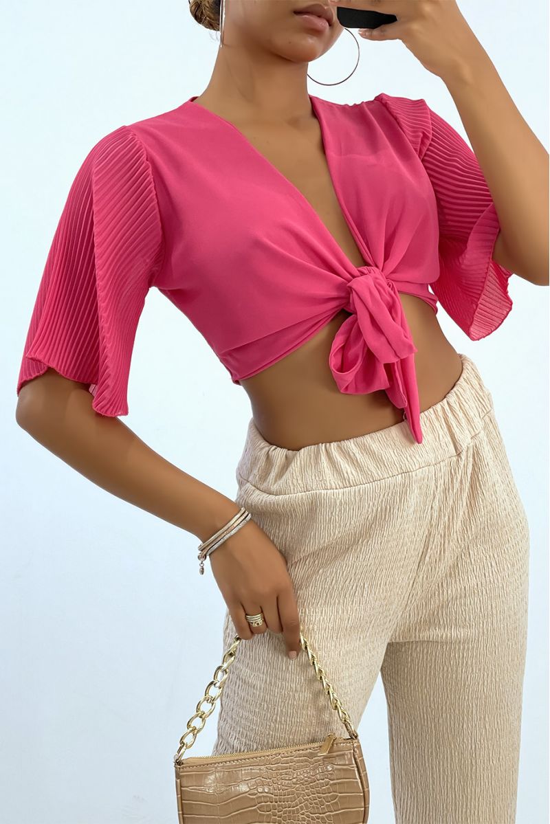 Fuchsia crop top met gestrikte mouwen en geplooide mouwen - 1 Fuchsia crop top met gestrikte mouwen en geplooide mouwen - 1