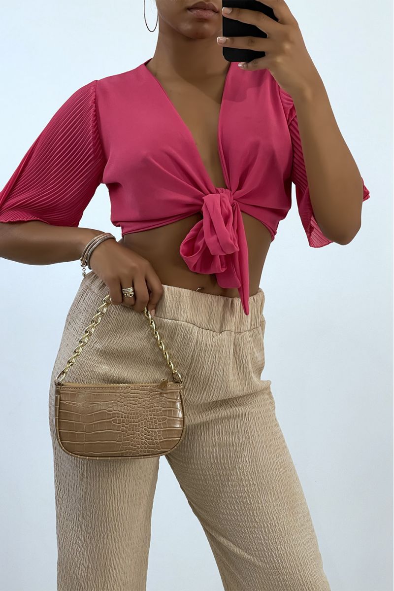 Fuchsia crop top met gestrikte mouwen en geplooide mouwen - 3 Fuchsia crop top met gestrikte mouwen en geplooide mouwen - 3
