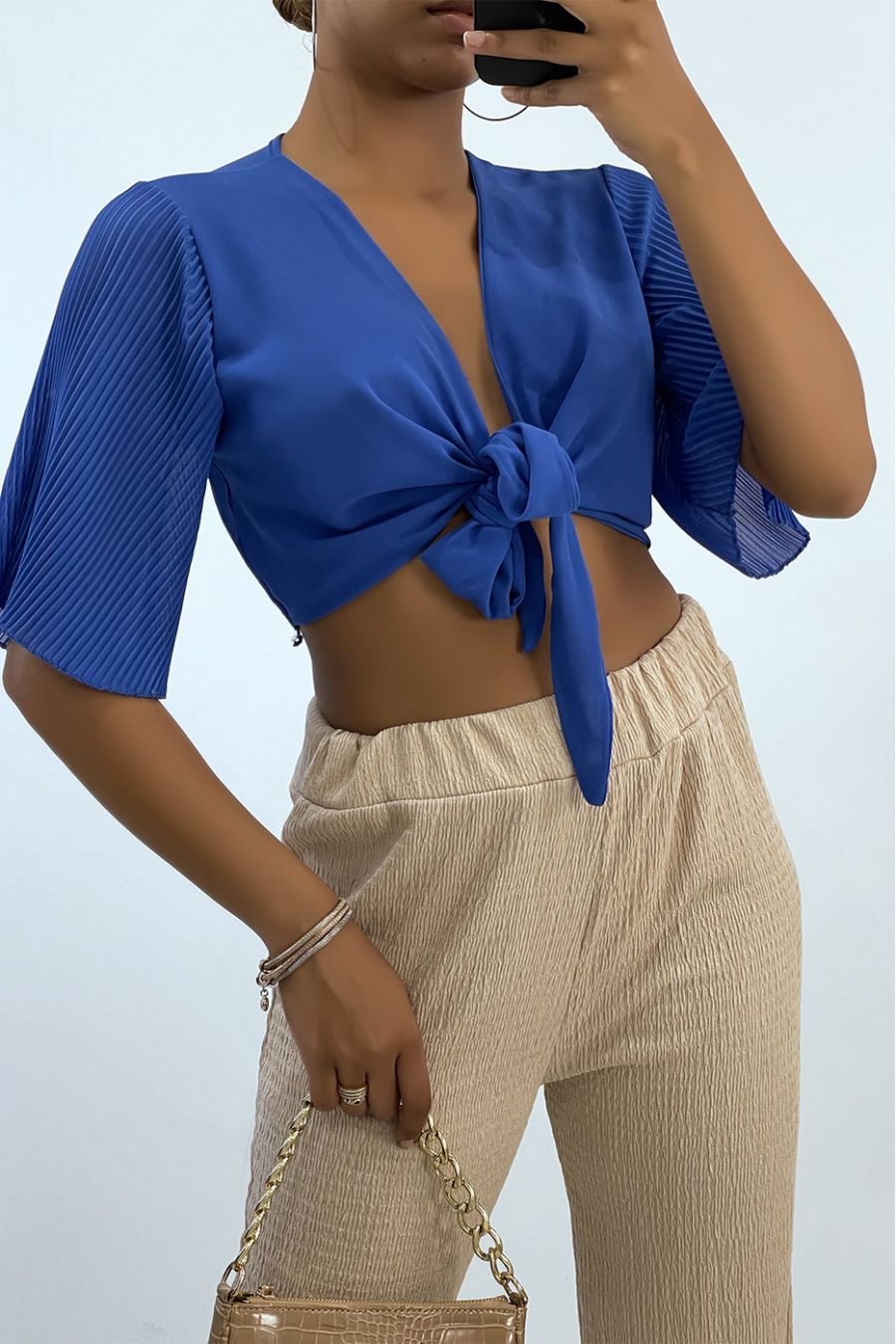 Haut De Soirée Koucla - Effet Mouillé, Crop Top Noué, Manches Longues, Ventre Nu, Taille Unique (34-38)