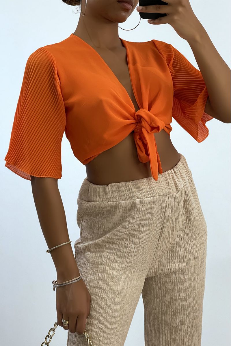 Oranje gestrikte crop top met geplooide mouwen   - 1