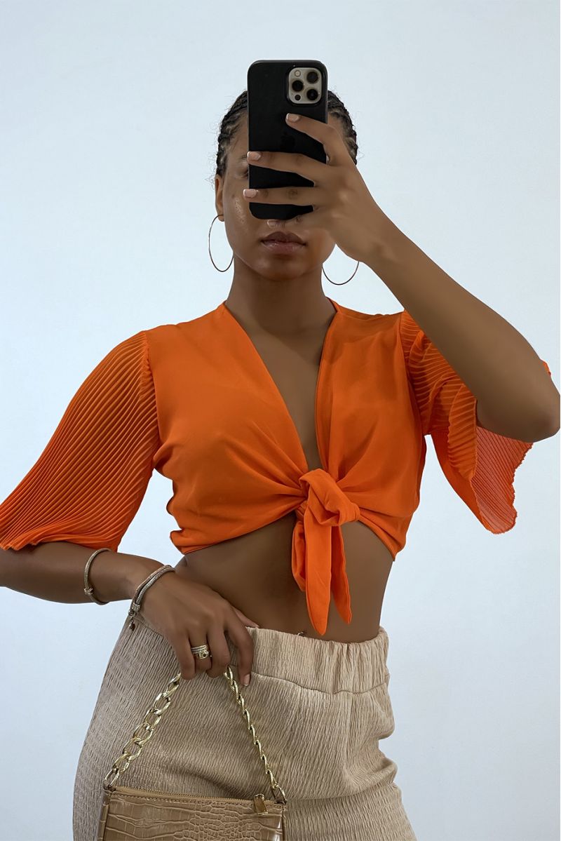 Oranje gestrikte crop top met geplooide mouwen   - 2