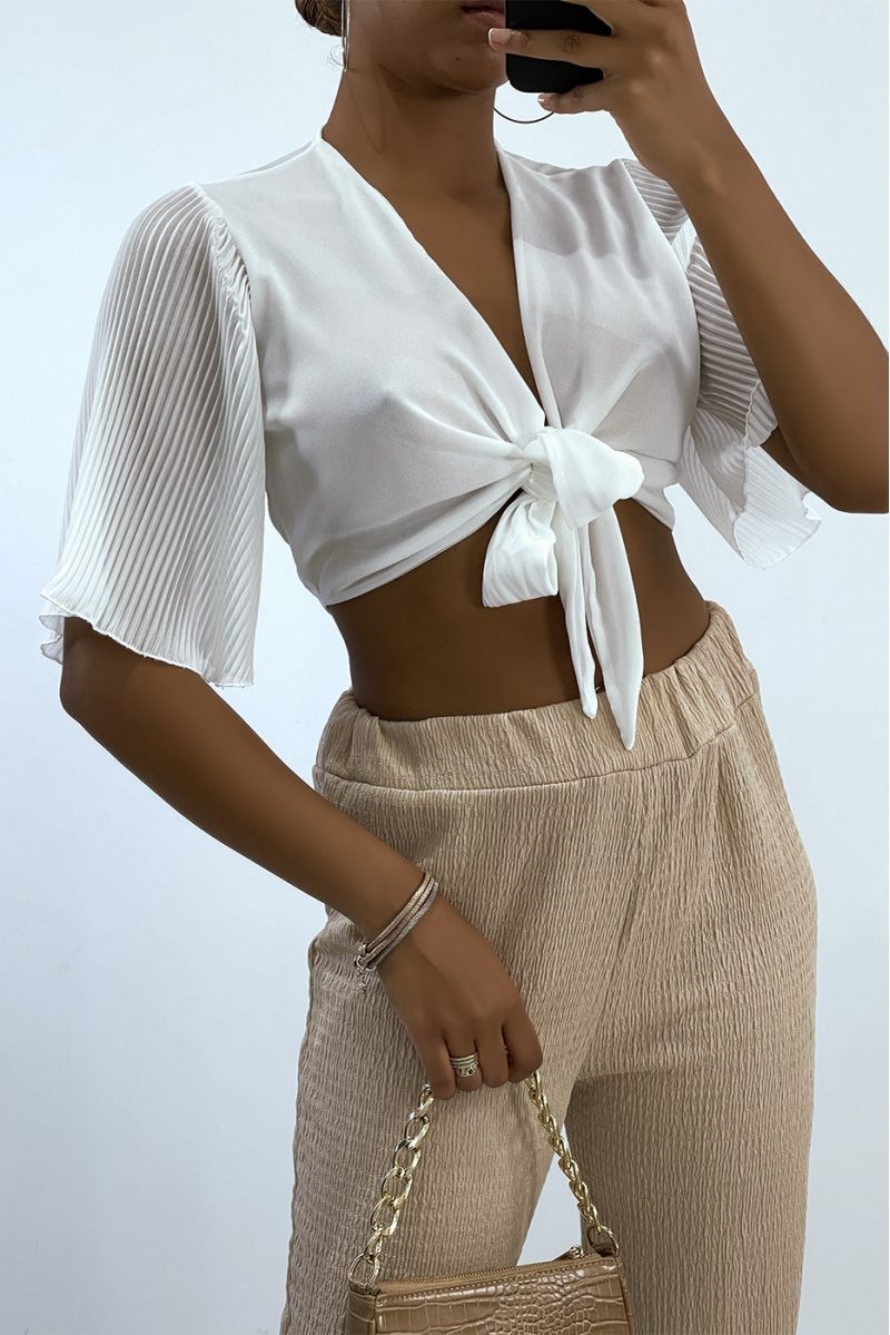 White tie crop top with pleated sleeves - 1