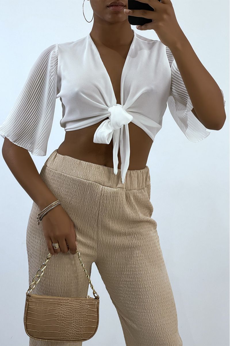 White tie crop top with pleated sleeves - 2