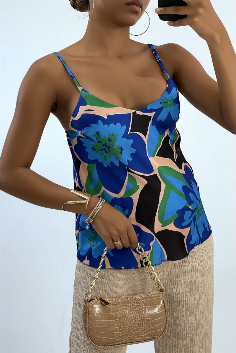 Satin tank top with thin strap and blue colored print    - 1