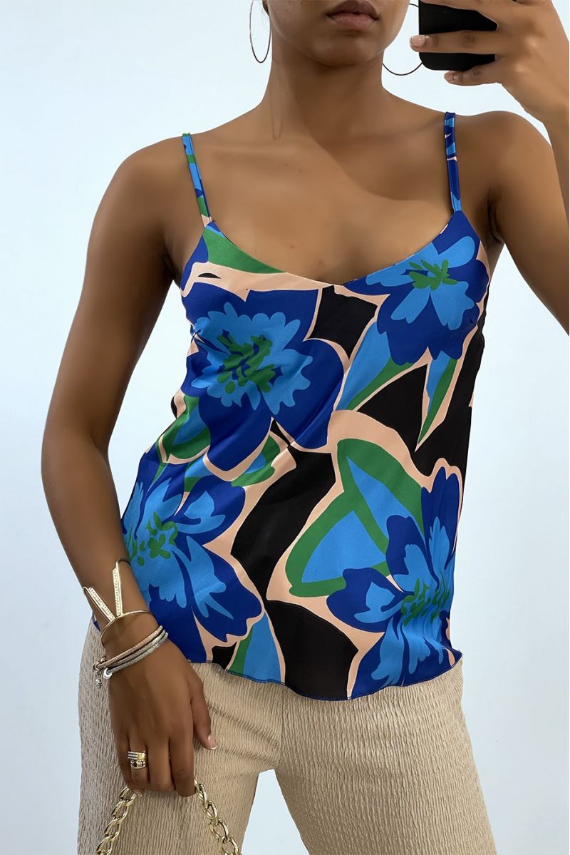 Satin tank top with thin strap and blue colored print    - 2
