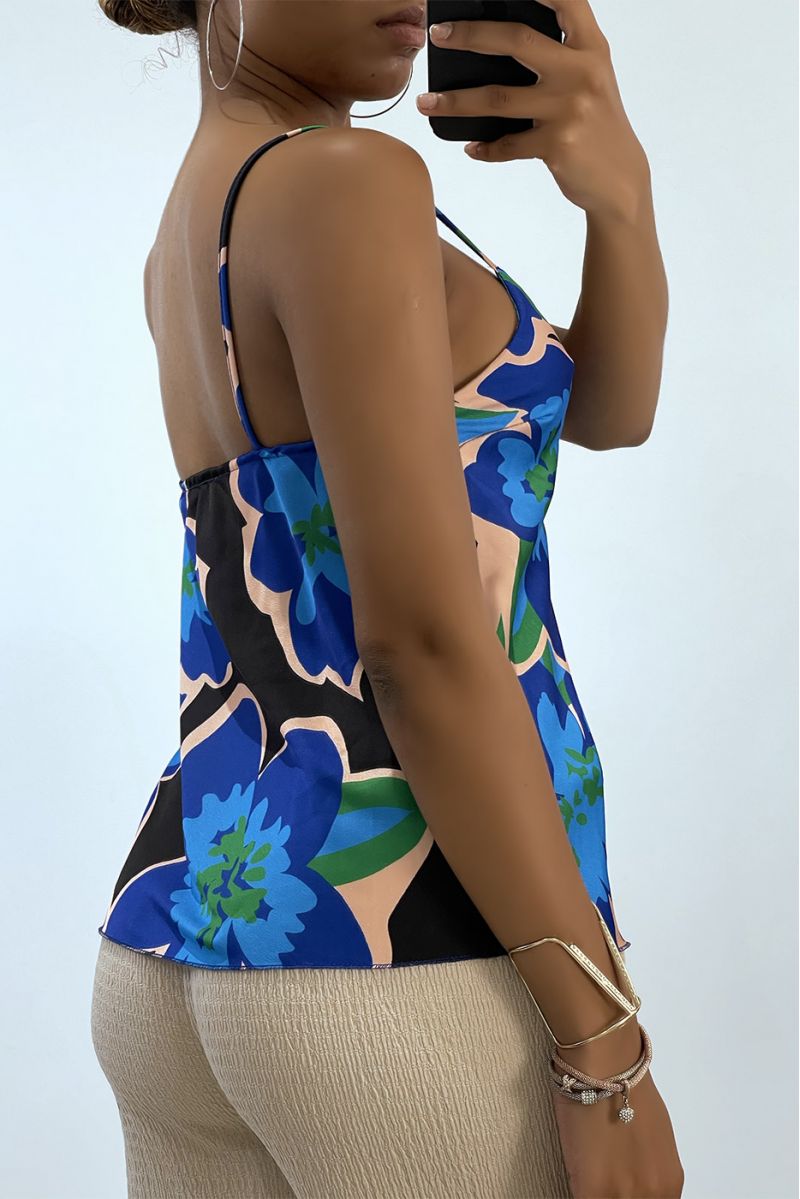 Satin tank top with thin strap and blue colored print    - 3
